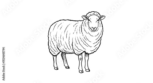Sheep Standing Alone Simple Line Drawing.