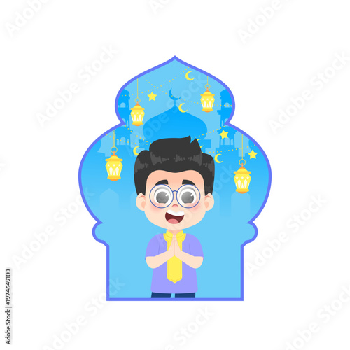 Smart Muslim Boy with Glasses Welcoming Pose