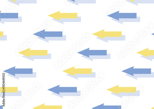 【背景透過】左方向に進む黄色と青の矢印が規則正しく並んでいるデザイン