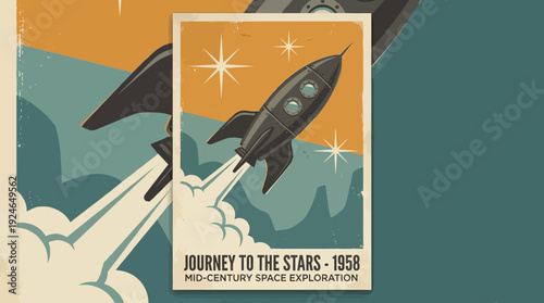 Vintage Mid-Century Space Rocket Poster - Retro Atomic Age Sci-Fi Exploration Art, Journey to the Stars 1950s Style Illustration