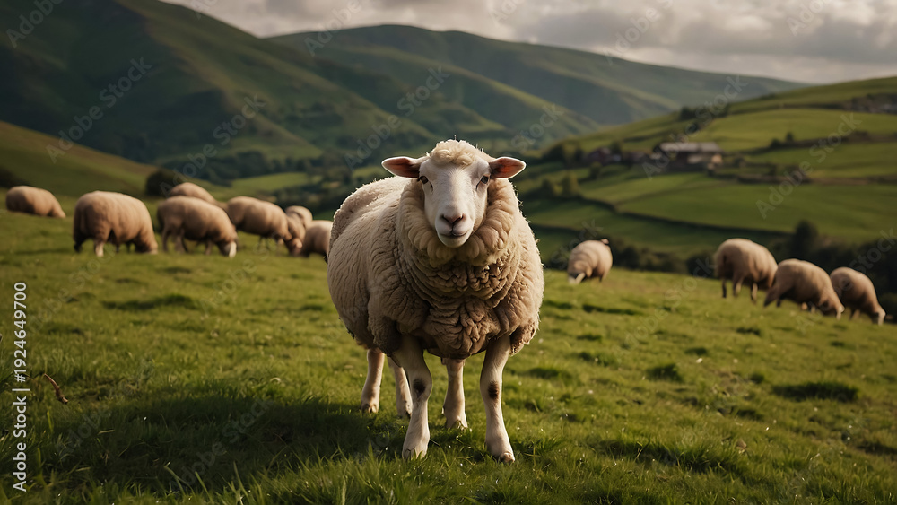 Fototapeta premium Sheep grazing on a green grassy hillside with rolling hills in the background