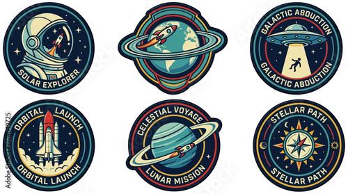 Retro Space Adventure Embroidered Patches: Astronauts, Rockets, UFOs, Planets, and Cosmic Exploration Badges Vector Set