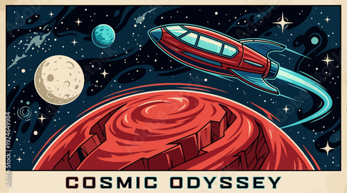 Retro Sci-Fi Cosmic Odyssey: Rocket Ship Soaring Over Red Planet with Moon and Stars, Vintage Space Exploration Poster Art
