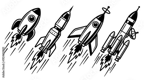 Retro Rocket Ship Launch Icons Set. Black and White Cartoon Spacecraft Flying Up with Fire Trails. Vector for Startup, Innovation, and Space Exploration.