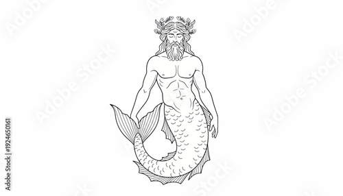 Mythological Merman God, Ancient Greek Deity, Poseidon or Neptune, Vintage Illustration