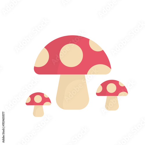 A vibrant cartoon illustration of a red amanita toadstool mushroom with a spotted cap isolated on a white background featuring green grass and autumn forest nature elements
