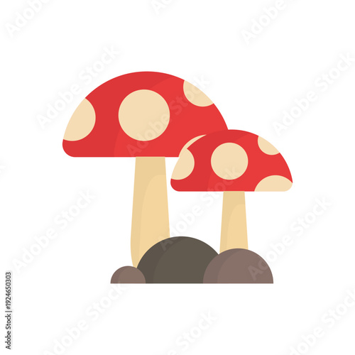 A vibrant cartoon illustration of a red amanita toadstool mushroom with a spotted cap isolated on a white background featuring green grass and autumn forest nature elements