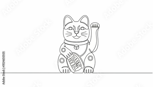 Maneki Neko Lucky Cat Drawing, Japanese Beckoning Cat, Single Line Art, Good Fortune Symbol