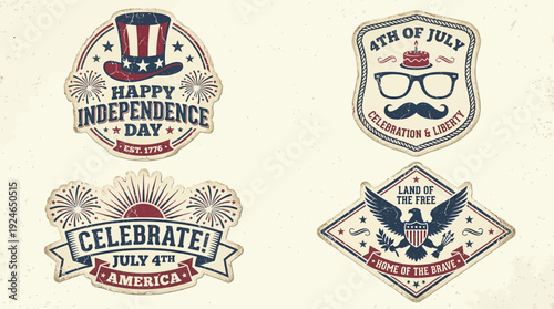 Vintage 4th of July Independence Day Labels Set. Patriotic American Badges with Eagle, Uncle Sam Hat, and Fireworks in Retro Style.