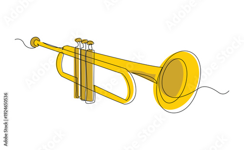 Continuous line sketch drawing of trumpet saxophone music instrument. Classic royal jazz orchestra single one line editable stroke vector illustration