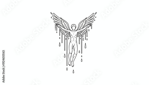 Melting Angelic Figure with Wings, Drip Effect, Outline Art, Surreal Concept
