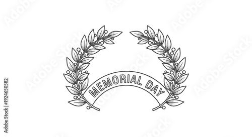 Memorial Day Laurel Wreath Emblem with Banner, Vintage Sketch Style
