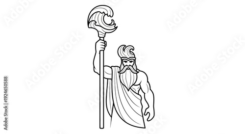 Mighty Poseidon, Greek God of the Sea, Holding Trident with Wave Symbol