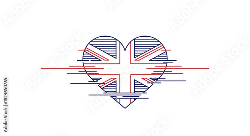 Heart with Union Jack flag design, UK symbol, love Britain, abstract lines, graphic illustration
