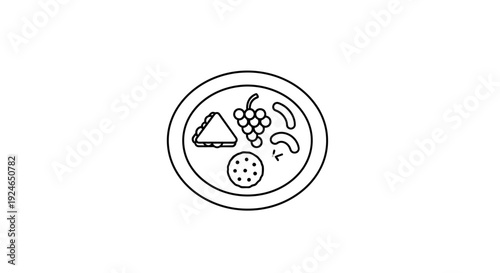 Healthy Snack Plate Icon: Sandwich, Grapes, Cheese, Crackers, Olives