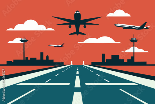 Busy Airport Runway with Airplanes Silhouette