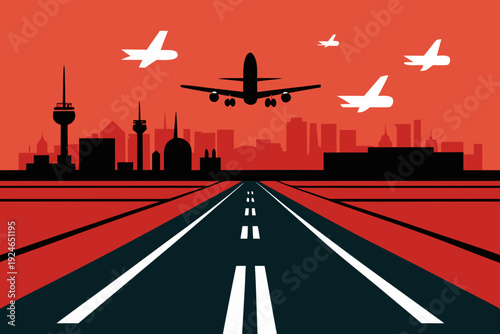 Busy Airport Runway with Airplanes Silhouette