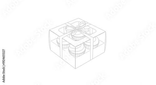 Hand-drawn sketch of a transparent box with six cupcakes tied with a ribbon