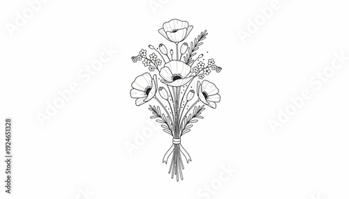 Hand-drawn Sketch of a Delicate Poppy Flower Bouquet Tied with Ribbon