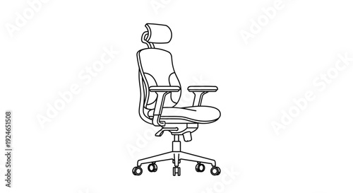 Ergonomic Office Chair with Headrest, Black and White Line Drawing