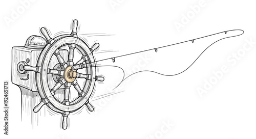 Fishing Rod Attached to Ship's Wheel - Creative Concept