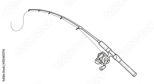 Fishing Rod and Reel Outline Drawing Isolated on White Background