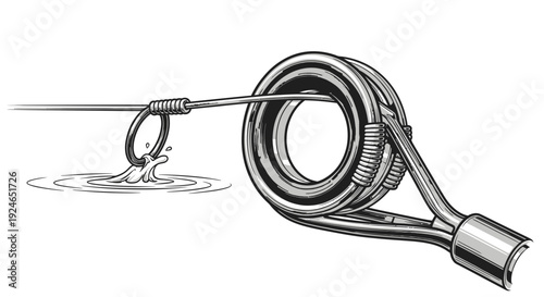 Fishing rod guide with line and water splash, close-up, illustration