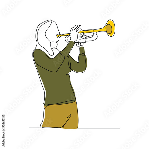 Continuous line sketch drawing of woman musician classic jazz playing trumpet saxophone music instrument. One single line classic royal jazz orchestra editable stroke vector illustration