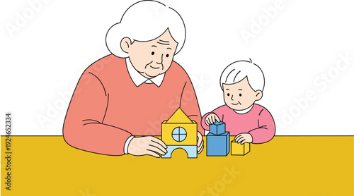 Grandmother playing with grandchild building toy house blocks, family bonding, early childhood learning, caregiving love and nurturing relationship concept illustration