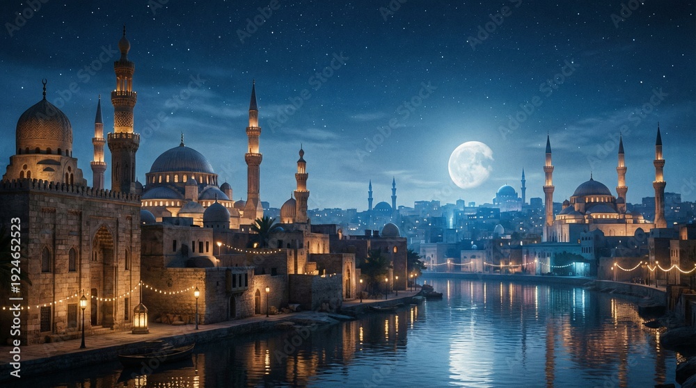 Fototapeta premium Elegant Islamic Background with Geometric Pattern and Crescent Moon Design