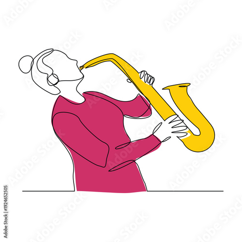 Continuous line sketch drawing of woman musician classic jazz playing trumpet saxophone music instrument. One single line classic royal jazz orchestra editable stroke vector illustration