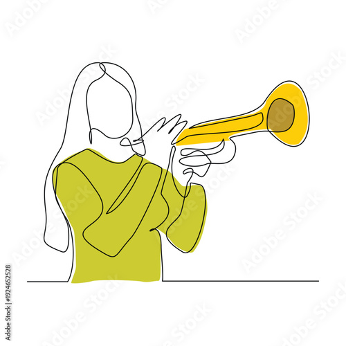 Continuous line sketch drawing of woman musician classic jazz playing trumpet saxophone music instrument. One single line classic royal jazz orchestra editable stroke vector illustration