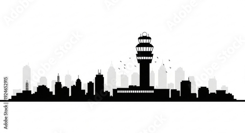 Black silhouette of a city skyline with a control tower