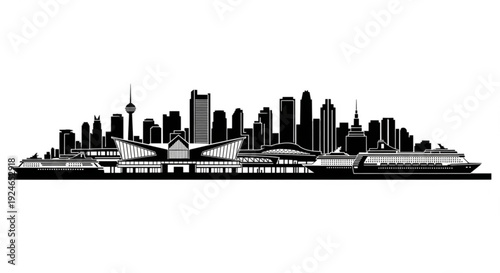 Black and white city skyline with a large cruise ship in front