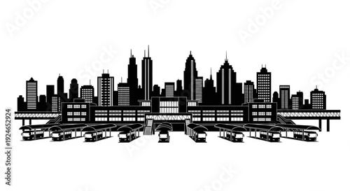 Black and white city skyline with highway and buildings