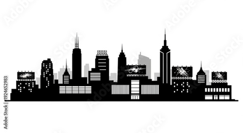 Black silhouette of a city skyline with tall buildings