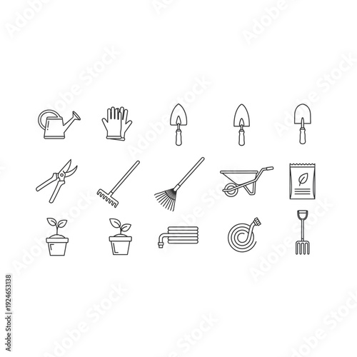 Garden Tool Icons: Complete Set for Planting, Raking, and Lawn Care