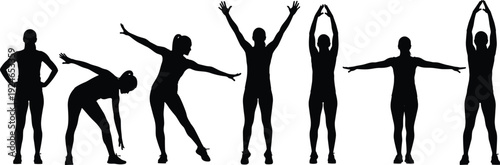 Black silhouette set of women doing various fitness exercises, stretching, and yoga poses isolated on a white background