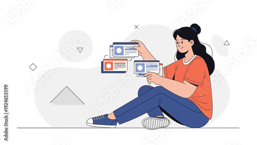 Woman selecting content cards, flat illustration, modern design, digital marketing concept