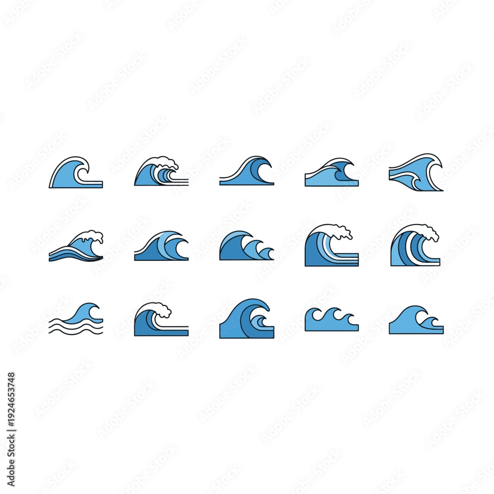 Fototapeta premium Ocean Wave Icon Set: Dynamic Water Motion and Surfing Styles