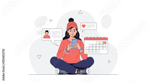 Woman using smartphone for social media, online communication and planning