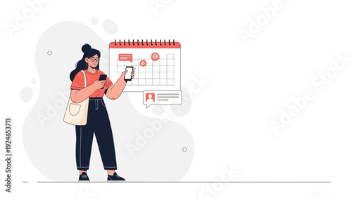 Woman using smartphone near calendar, planning schedule, modern flat illustration