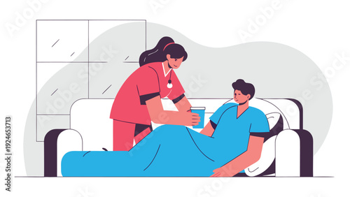 A nurse in scrubs assists an ill male patient lying on a couch with drinking water from a cup at home.