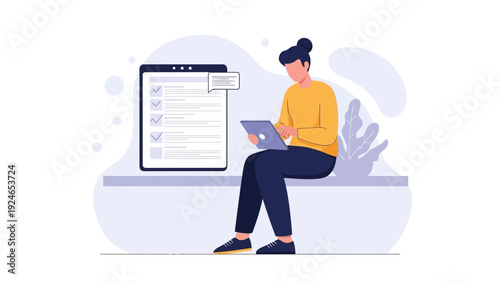 Woman using tablet near checklist screen, online survey, task management, planning