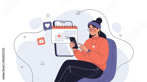 Woman Using Smartphone with Calendar and Social Media Icons - Planning and Connection