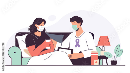 A man in a mask comforts a woman in a mask holding a cup, recovering at home on a couch with a tablet.