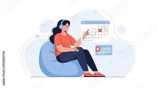 Woman wearing headphones, interacting with a digital interface, learning online