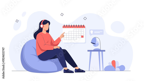 Woman with headphones planning on calendar, working from home concept