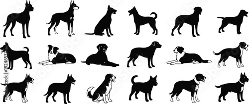 Black and white silhouette set of various dog breeds in different poses including standing, sitting, and lying on white background.