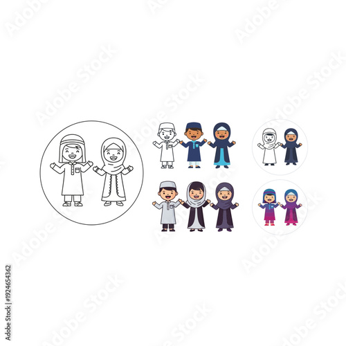 Diverse Muslim Community Figures Holding Hands Icon Collection